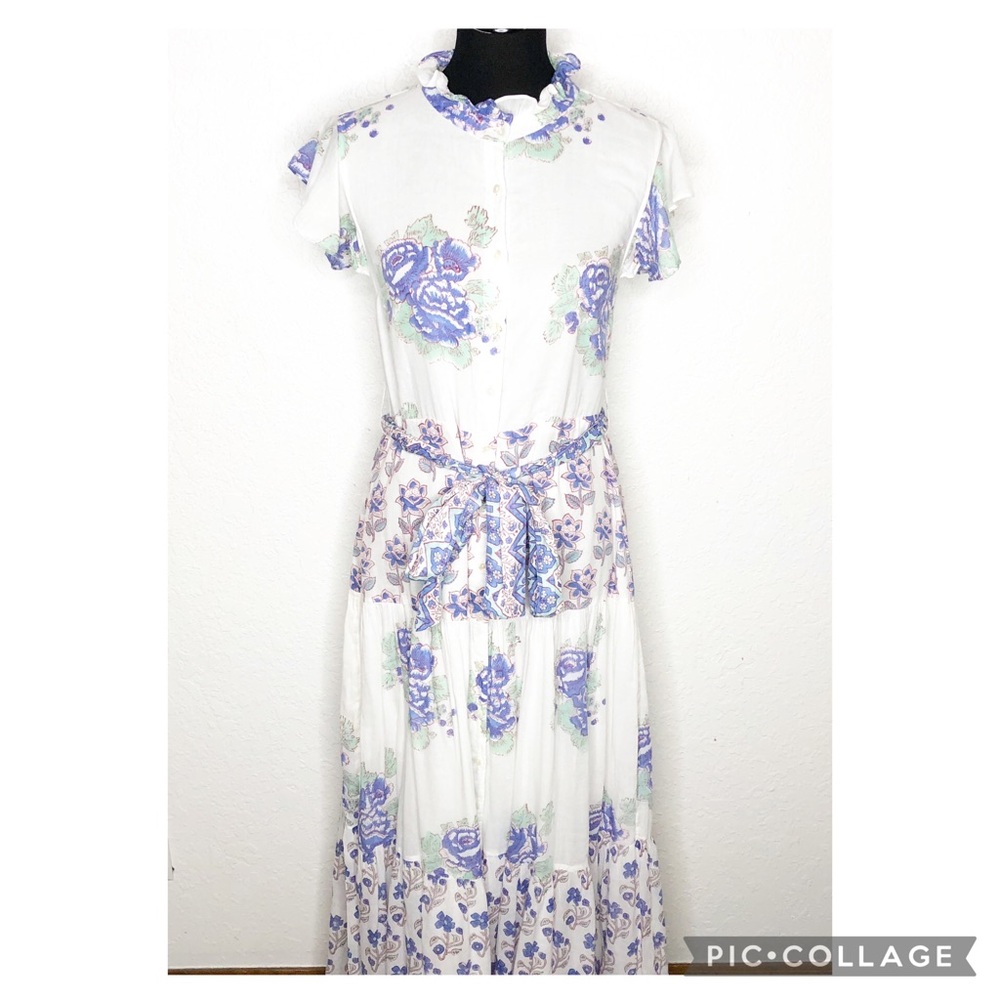 Oliphant Portofino white blue floral button front ruffle trim maxi dress Small - Picture 2 of 16